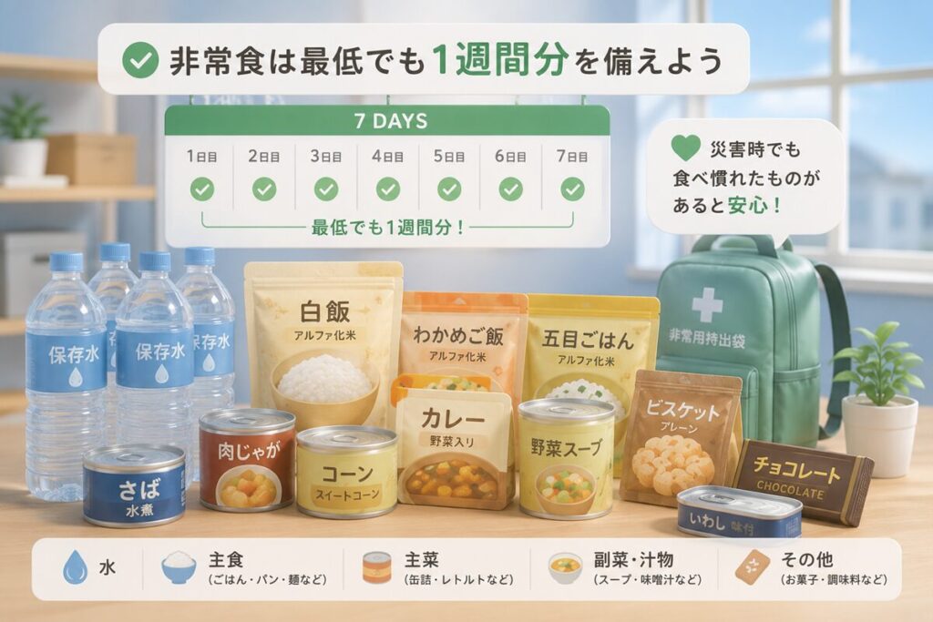 災害時の非常食は最低でも1週間分くらいは備えておきたい