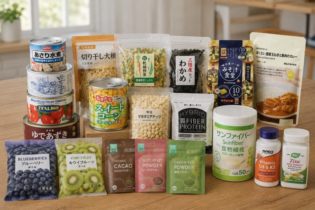 非常食。サバの水煮缶、あさり水煮缶、トマトのホール缶、無糖ゆであずき缶、切り干し大根、乾燥野菜、わかめなどの乾物、フリーズドライのお味噌汁・スープ、レトルトスープ、無添加のレトルトカレー、コーン缶、無塩マカダミアナッツ、プロテイン、冷凍ブルーベリー、キウイ、カカオパウダー、ビーツパウダー、緑茶パウダー、サンファイバー(食物繊維)
ビタミンD、亜鉛タブレット