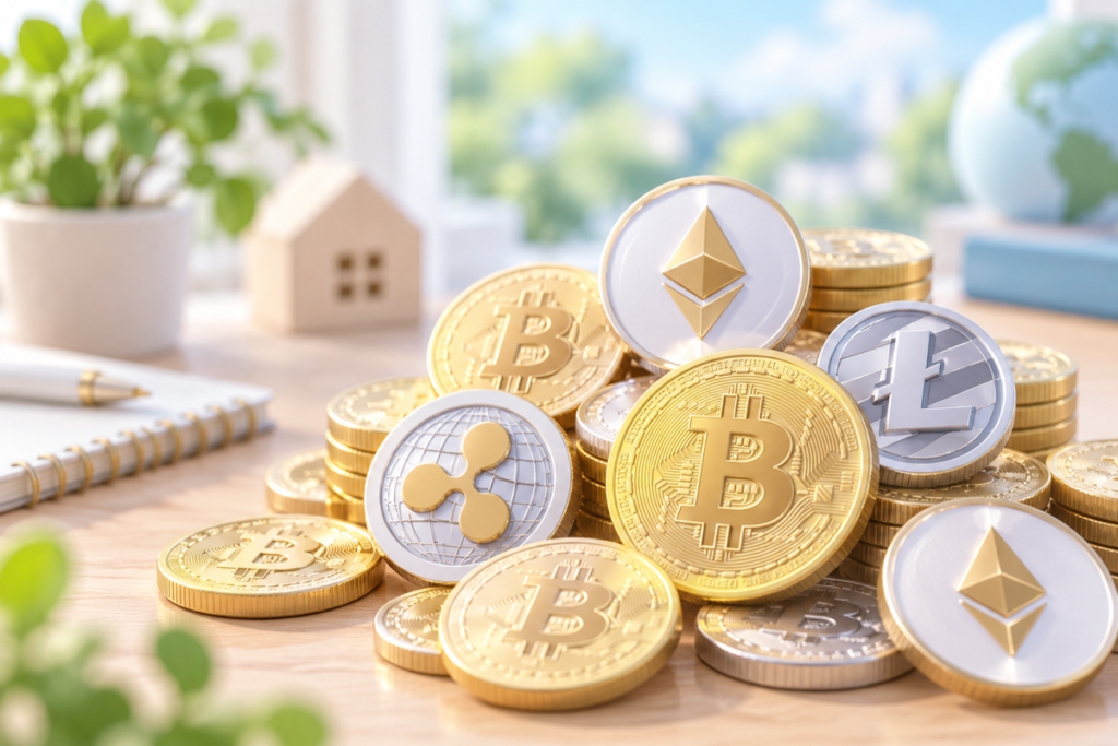 デスクの上に盛られている、ビットコイン、イーサリアム、リップル、ライトコイン達